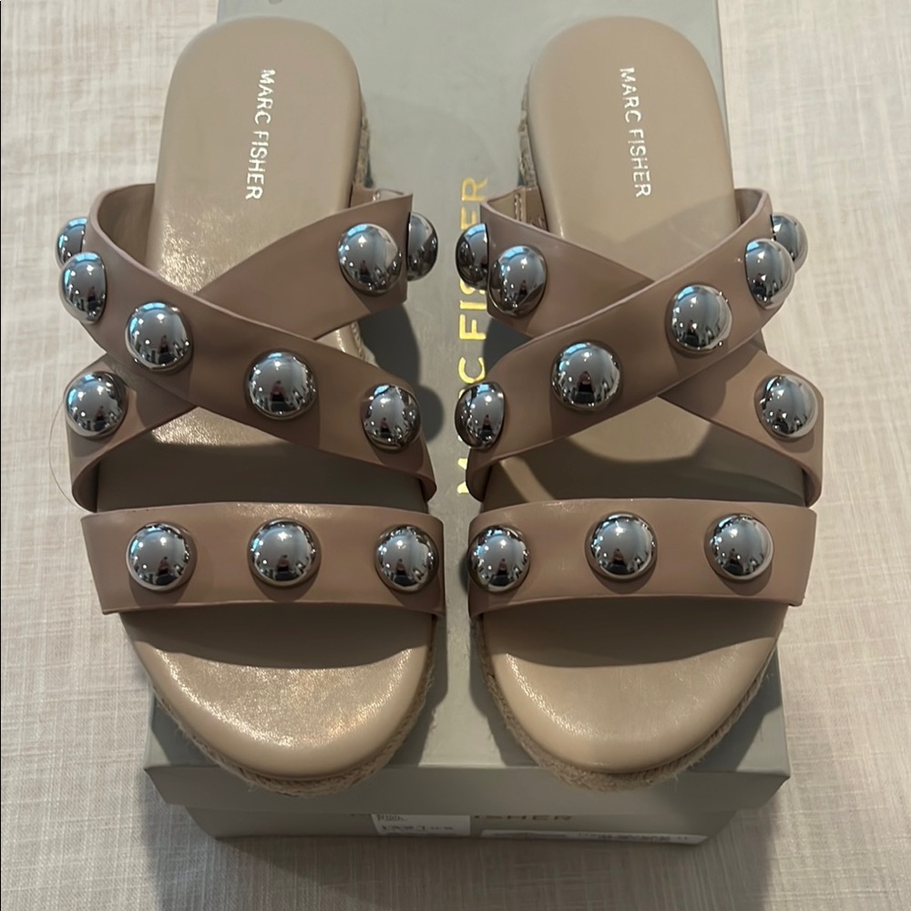 Marc Fisher Cream and Silver Sandals with Studded Straps